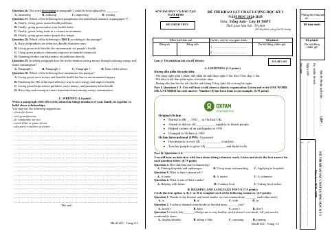 Đề thi Học kì 1 Tiếng Anh 10 năm 2024-2025 Sở Nam Định